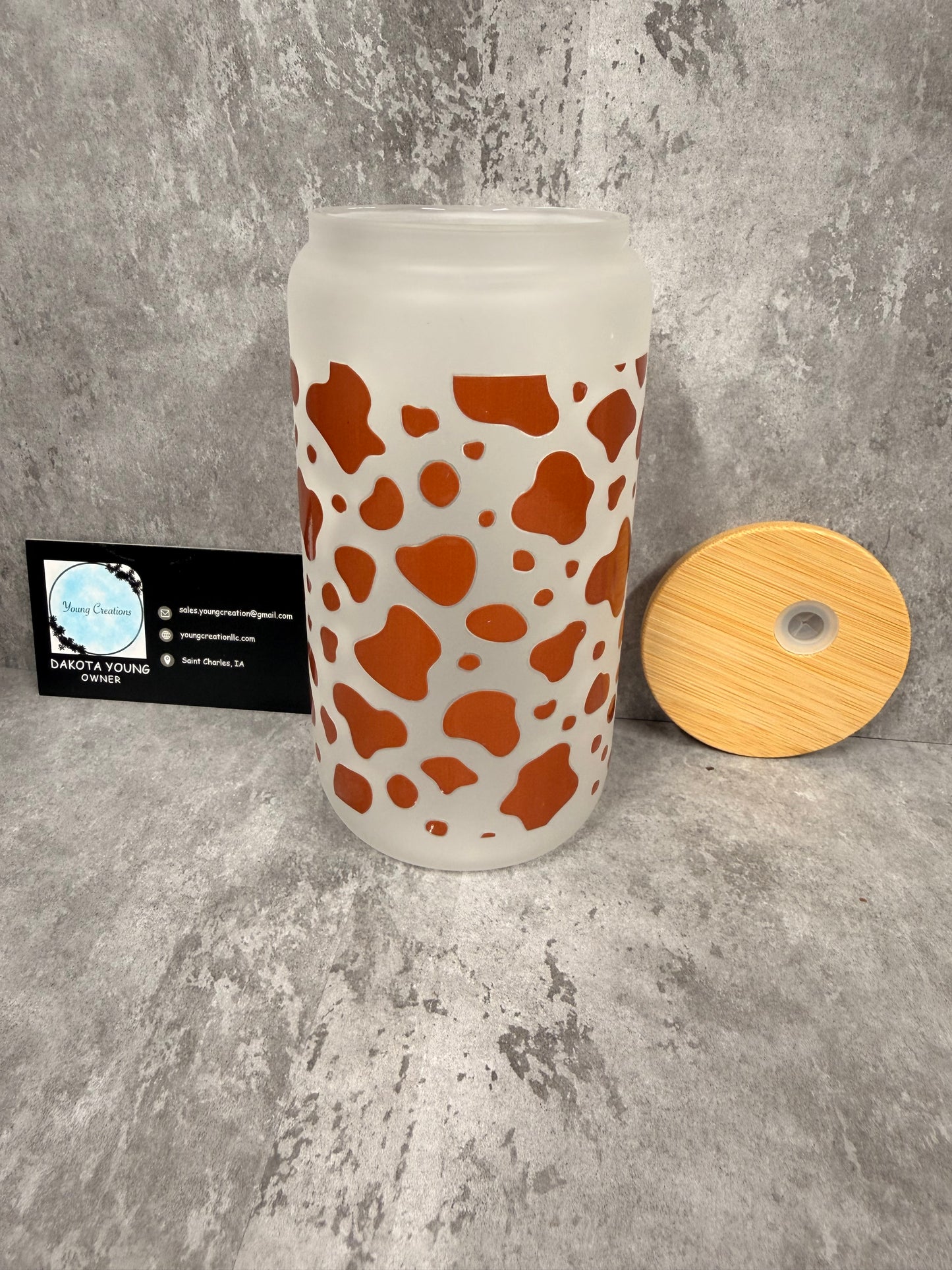 Brown Cow Print 16oz Glass Libby Cup