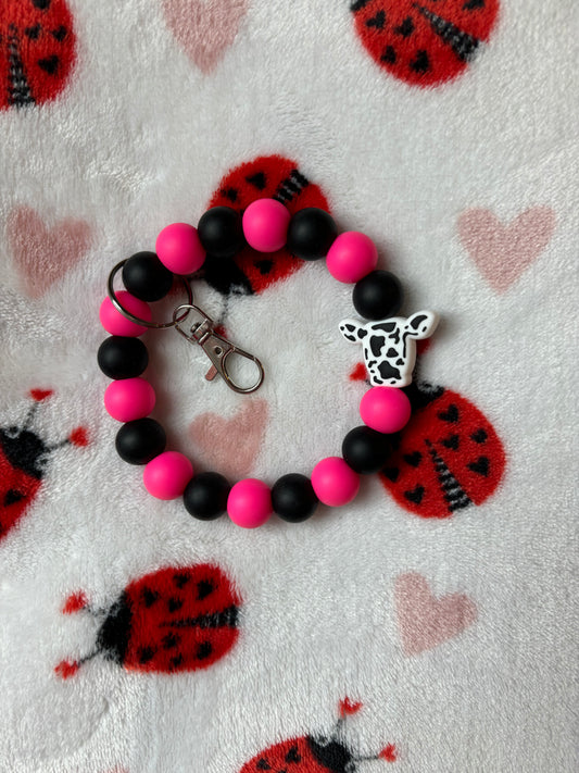 Hot Pink & Black Cow Wristlet Keychain