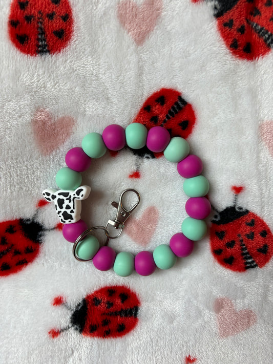 Magenta & Mint Green Cow Wristlet Keychain