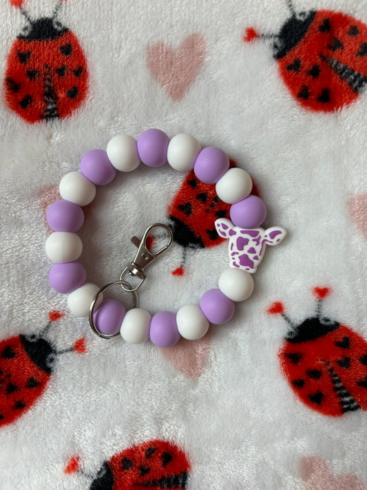 Light Purple & White Cow Wristlet Keychain