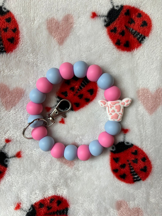 Pink & Powder Blue Cow Wristlet Keychain