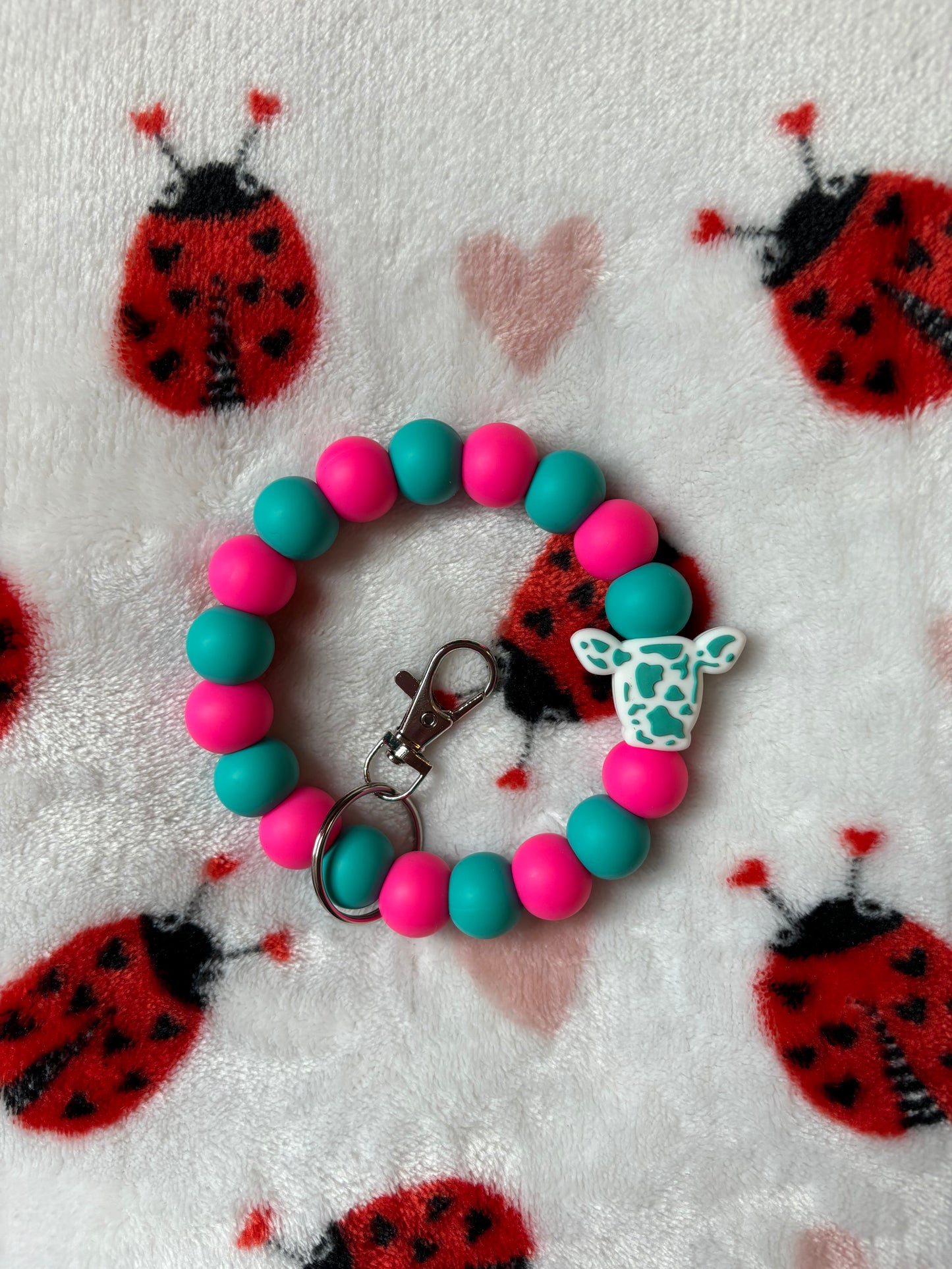 Hot Pink & Teal Cow Wristlet Keychain