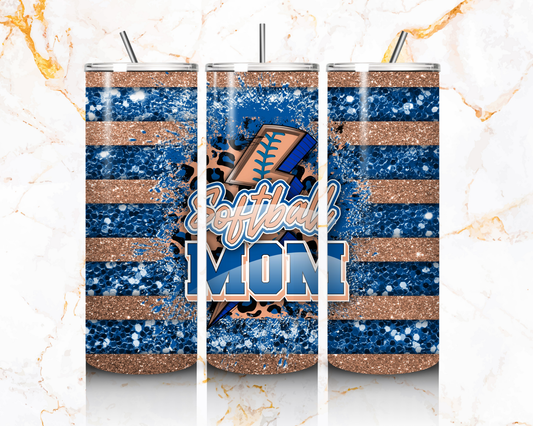 20oz Blue & Coral Softball Mom Tumbler