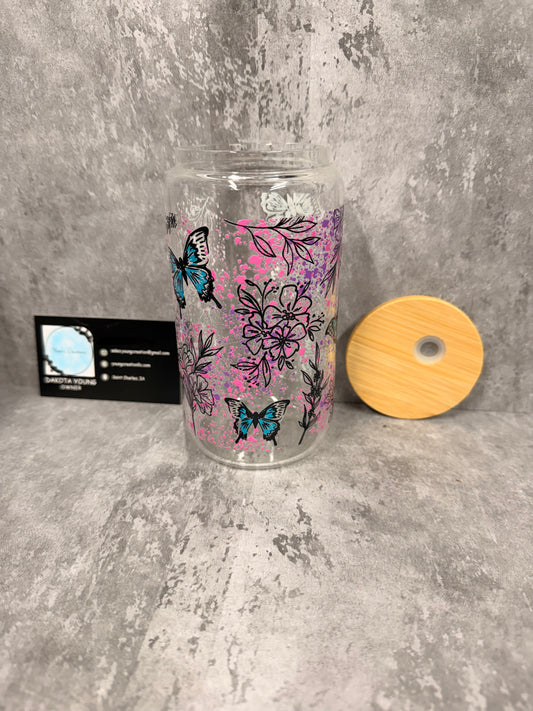 Pink Butterfly 16oz Glass Libby Cup