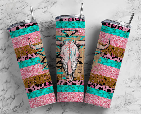 20oz Pink & Teal Bull Skull Tumbler
